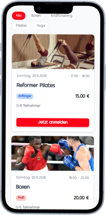 Öffentliche Buchungsseite auf dem iPhone mit Kursfiltern und zwei buchbaren Kursen