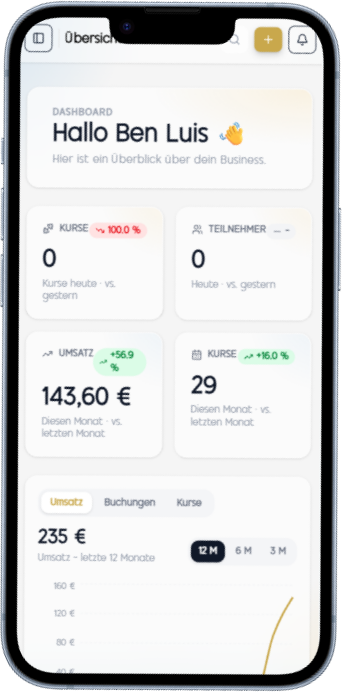 Kumasy Dashboard auf dem iPhone mit Umsatz, Teilnehmerzahl und Kurs-Kennzahlen